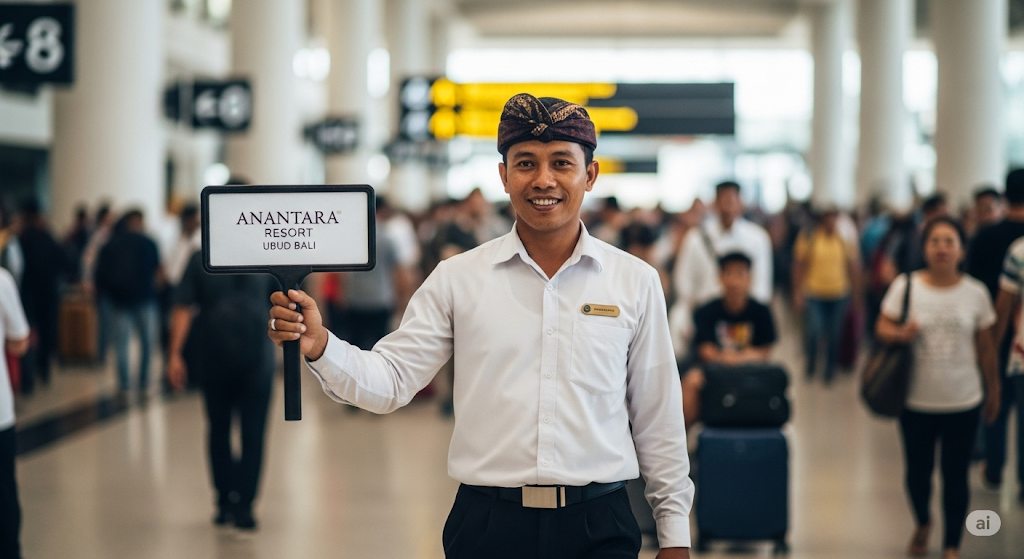 Private airport taxi waiting at Bali Airport for transfer to Anantara Resort Ubud